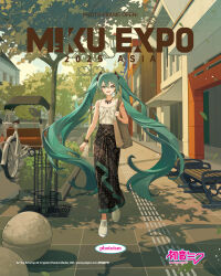  1girl 2025 :d ameriya aqua_eyes aqua_hair artist_name black_skirt bracelet brown_bag commentary copyright_logo copyright_notice english_commentary english_text full_body hatsune_miku hatsune_miku_expo highres jewelry lamppost logo long_hair long_skirt necklace official_art second-party_source shirt shoes skirt smile solo standing tank_top twintails very_long_hair vocaloid white_shirt white_shoes 