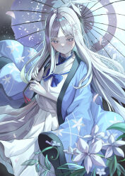  1girl backlighting blue_archive blue_bow blue_bowtie blue_haori blurry blush bow bowtie bright_pupils colored_eyelashes commentary depth_of_field eyes_visible_through_hair falling_petals feet_out_of_frame fingernails floating_hair flower grey_eyes grey_hair hair_ornament halo hands_up haori haori_on_shoulders highres holding holding_umbrella japanese_clothes leaf long_hair long_skirt looking_at_viewer nagusa_(blue_archive) open_mouth parted_bangs petals pleated_skirt sailor_collar school_uniform serafuku shirt skirt snowflake_hair_ornament snowflake_halo solo standing straight_hair suidou_chaahan tsurime umbrella very_long_hair white_eyelashes white_flower white_halo white_pupils white_sailor_collar white_serafuku white_shirt white_skirt 
