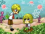  blonde_hair blue_eyes bubble clover dual_persona freckles genderswap jellyfish necktie nyo_(couch_tomato) personification short_hair spongebob_squarepants spongebob_squarepants_(character) underwater 