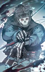  1boy andrian11011 arms_up balaclava belt belt_buckle black_belt black_gloves blue_jacket blue_pants buckle bulletproof_vest call_of_duty call_of_duty:_modern_warfare_2 cowboy_shot dutch_angle ghost_(modern_warfare_2) gloves helmet highres holding holding_knife holding_weapon hood hood_down hooded_jacket jacket knife looking_to_the_side male_focus mask pants red_eyes reverse_grip sideways_glance skeleton_print skull_mask solo tactical_clothes weapon 