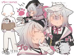  1girl 1other :i animal_ear_fluff animal_ears animal_hands black_dress black_jacket cat_ears cat_girl cat_tail closed_eyes colored_inner_hair cropped_shoulders cropped_torso disembodied_hand dress furrowed_brow grey_hair hand_on_another's_chin hand_on_another's_head highres jacket long_sleeves medium_hair multicolored_hair multiple_girls nimingduz open_clothes open_jacket pinafore_dress pink_background pink_hair pink_ribbon puffy_long_sleeves puffy_sleeves ribbon sailor_collar sayo_(voicevox) shaded_face shirt sidelocks sleeping sleeveless sleeveless_dress tail two-tone_background voicevox white_background white_shirt |_| 