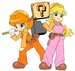  2girls block_(mario) blonde_hair blue_eyes brown_hair brown_shoes earrings flower_earrings gloves hammer hard_hat helmet holding holding_hammer jewelry junnosu multiple_girls orange_overalls overalls pink_overalls princess_daisy princess_peach shoes simple_background smile super_mario_bros. super_mario_maker white_background white_gloves 