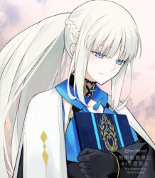  1girl black_dress black_gloves blue_eyes book braid dress fate/grand_order fate_(series) gloves hair_between_eyes half_up_braid holding holding_book light_smile long_hair morgan_le_fay_(fate) morgan_le_fay_(queen_of_winter)_(fate) nakanohiro ponytail simple_background solo spikes white_hair 