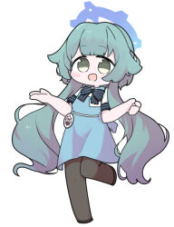  1girl :d apron black_bow black_shoes blue_apron blue_archive blush_stickers bow brown_eyes brown_pantyhose character_request check_character chibi collared_shirt employee_uniform full_body green_hair halo looking_at_viewer miranofuudoria momiji_(blue_archive) pantyhose shirt shoes short_sleeves simple_background smile solo standing standing_on_one_leg striped_bow white_background white_shirt 