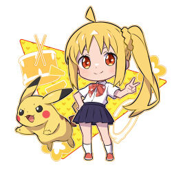  1girl :3 ahoge blonde_hair blue_skirt bocchi_the_rock! bow brown_shoes chibi closed_mouth collared_shirt commentary_request crossover dot_nose drum drumsticks full_body hand_on_own_hip heart highres ijichi_nijika instrument kuxiaopa long_hair open_mouth orange_eyes outline pikachu pokemon pokemon_(creature) red_bow school_uniform shimokitazawa_high_school_uniform shirt shoes short_sleeves side_ponytail sidelocks simple_background skirt smile socks standing v white_background white_shirt white_socks 