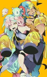  1girl 2girls absurdres aqua_hair bandeau black_mask blonde_hair blue_hair bow-shaped_hair breasts canari_(pokemon) center-flap_bangs character_hair_ornament commentary criss-cross_halter criss-cross_straps cttn1117 dark-skinned_female dark_skin fake_hair_bun grey_pantyhose hair_ornament halter_shirt halterneck hexagon_print highres iono_(pokemon) jacket long_hair magnemite mask mask_pull medium_breasts mouth_mask multicolored_hair multiple_girls navel open_mouth oversized_clothes pants pantyhose pantyhose_under_shorts pink_hair pokemon pokemon_legends:_z-a pokemon_sv sharp_teeth short_twintails shorts single_leg_pantyhose sleeves_past_fingers sleeves_past_wrists smile split-color_hair symbol-only_commentary teeth trait_connection twintails two-tone_mask two-tone_pants x_(symbol) yellow_bandeau yellow_jacket yellow_mask 