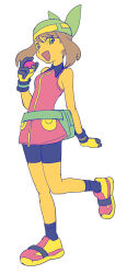 1girl bandana bike_shorts bike_shorts_under_shorts black_collar black_shorts blue_eyes brown_hair collar colorful dress fanny_pack feiyang02 gloves green_bandana highres holding holding_poke_ball looking_at_viewer may_(pokemon) medium_hair minimalism open_mouth orange_dress orange_shirt poke_ball pokemon pokemon_emerald pokemon_rse shirt shorts shorts_under_shorts simple_background smile solo standing standing_on_one_leg white_background white_gloves 