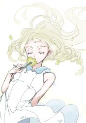  1girl arms_behind_back blonde_hair braid closed_eyes dress flower highres hiyokko2min holding holding_flower lillie_(pokemon) long_hair pokemon pokemon_sm sleeveless sleeveless_dress solo twin_braids white_background white_dress 