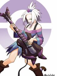  1girl bare_shoulders bass_guitar black_boots bo_(bouillustration) boots cable collarbone commentary_request dress forehead green_eyes hair_bobbles hair_ornament highres holding holding_bass_guitar holding_instrument instrument koffing long_sleeves music open_mouth playing_bass_guitar playing_instrument poke_ball_symbol pokemon pokemon_bw2 roxie_(pokemon) short_hair simple_background smile solo striped_clothes striped_dress teeth topknot twitter_username two-tone_dress v-shaped_eyebrows white_background white_hair 