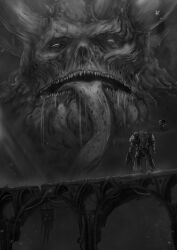  1boy 1other abezver absurdres adeptus_astartes armor banner bolter bridge bug chaos_(warhammer) commentary demon demon_horns drooling eldritch_abomination english_commentary fly full_armor gauntlets giant giant_monster glowing glowing_eyes great_unclean_one greyscale gun highres holding holding_gun holding_weapon horns imperium_of_man long_tongue male_focus monochrome monster mouth_drool multiple_horns open_mouth pauldrons power_armor power_suit saliva science_fiction servo-skull sharp_teeth shoulder_armor space_marine teeth tongue tongue_out ultramarines warhammer_40k weapon 