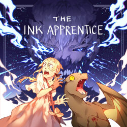  1boy 1girl absurdres black_sclera blonde_hair blue_eyes blue_fire breasts brown_gloves colored_sclera commentary constricted_pupils copyright_name double-parted_bangs dragon dress english_commentary fangs fire gloves grey_hair hair_between_eyes highres long_hair lydialing_draws open_mouth scared scrape short_sleeves single_glove teeth the_ink_apprentice white_dress wide-eyed 