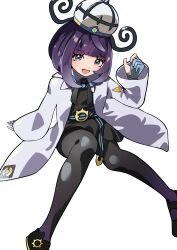  1girl :d absurdres black_dress black_pantyhose blue_gloves blunt_bangs bob_cut coat dress gloves gwynn_(pokemon) hat highres long_sleeves looking_at_viewer mega_stone mikan_(mikan_no_happa) open_clothes open_coat open_mouth pantyhose partially_fingerless_gloves pokemon pokemon_legends:_z-a short_hair smile solo white_background white_coat 