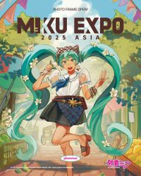  1girl aqua_eyes aqua_hair banner belt black_skirt blue_sky brown_belt brown_shoes clouds commentary copyright_logo copyright_name copyright_notice english_commentary english_text flower hair_between_eyes hair_flower hair_ornament hatsune_miku hatsune_miku_expo highres holding holding_microphone leg_up logo microphone official_art puffy_short_sleeves puffy_sleeves second-party_source see-through_clothes see-through_sleeves shirt shoes short_sleeves skirt sky solo tasalisay twintails vocaloid white_flower white_shirt 