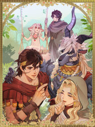  2girls 3boys afk_(series) afk_journey animal_ears blonde_hair braid brown_hair cape claws closed_eyes commentary_request facing_another first_merlin_(afk) furry furry_female furry_male gala_(afk) goat_boy goat_ears goat_horns grey_hair hideono6 highres hood hood_up horns looking_at_another morgan_(afk) multiple_boys multiple_girls nazrik_(afk) on_swing open_mouth perseus_(afk) purple_hair red_cape scar scar_on_face smile swing tail 