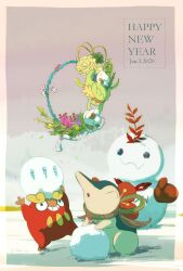  :o animal_focus black_eyes blue_fur border character_snowman closed_eyes comfey cyndaquil darumaka flower full_body green_eyes grey_background grey_sky grin happy_new_year highres isutai looking_at_another no_humans open_mouth outdoors pink_flower pokemon pokemon_(creature) red_flower rope_necklace simple_background sky smile snout snowball standing white_border white_flower yellow_flower yellow_fur 
