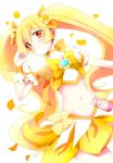  blonde_hair bow brooch brown_eyes choco_(pixiv29111) choker cure_sunshine hair_ornament hairclip heart heartcatch_precure! highres jewelry long_hair magical_girl midriff myoudouin_itsuki navel petals precure ribbon skirt smile solo twintails white_background wrist_cuffs yellow 