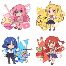  4girls :3 absurdres ahoge alternate_color applin aqua_eyes arrow_(symbol) bass_guitar black_pantyhose black_ribbon blonde_hair blue_hair blue_skirt blush bocchi_the_rock! bow brown_shoes chibi closed_eyes closed_mouth coin collared_shirt commentary_request crossover cube_hair_ornament dot_nose drum drumsticks dunsparce electric_guitar expressionless eyelashes fender_precision_bass flying_sweatdrops full_body gibson_les_paul gimmighoul gimmighoul_(roaming) gotoh_hitori green_eyes guitar hair_ornament hairclip hand_on_own_hip heart highres ijichi_nijika instrument jacket kessoku_band kita_ikuyo kuxiaopa long_hair long_sleeves mole mole_under_eye multiple_girls neck_ribbon notice_lines open_mouth orange_eyes outstretched_arms pants pantyhose paper pikachu pink_hair pink_jacket pink_pants pink_track_suit pokemon pokemon_(creature) red_bow red_hair red_shoes ribbon school_uniform shiny_pokemon shirt shoes short_hair short_sleeves shuka_high_school_uniform side_ponytail sidelocks simple_background skirt smile socks spread_arms standing standing_on_one_leg sweatdrop thumbs_up track_jacket track_pants track_suit v white_background white_shirt white_socks yamada_ryo yellow_eyes youtube_logo 