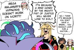  1boy black_bodysuit black_hair blonde_hair bodysuit bodysuit_under_clothes brown_hair brown_jacket commentary dark-skinned_female dark_skin emma_(pokemon) english_commentary english_text fingerless_gloves gloves green_jacket hair_ornament harmony_(pokemon) hat ivor_(pokemon) jacket long_hair malamar mega_malamar mega_pokemon mole pokemon pokemon_(creature) pokemon_legends:_z-a shirt short_hair simple_background speech_bubble striped_hat tentacles wanderjegson white_background white_hat white_shirt 