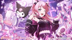  1girl bang_dream! bang_dream!_it's_mygo!!!!! black_jacket blush breasts chihaya_anon commentary_request cone_hair_bun earrings fang game_cg hair_bun heart heart_earrings highres jacket jewelry kuromi long_hair makeup makeup_brush medium_breasts midriff navel official_art one_eye_closed open_mouth pincushion pink_hair sanrio solo teeth thigh_strap upper_teeth_only 