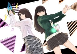 2girls absurdres alchemisdriver black_hair clapping cowboy_shot cycloneactionx green_jacket grey_skirt henshin_pose highres ichikawa_sumino jacket kamen_rider kamen_rider_gotchard_(series) kudo_rinne long_hair miniskirt multiple_girls no.1_sentai_gozyuger pleated_skirt shirt short_hair skirt super_sentai sweater tega_sword twitter_username white_shirt yellow_sweater