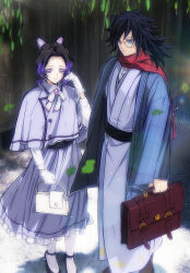 1boy 1girl absurdres alternate_costume black_hair black_shoes blue_eyes blue_haori bow bowtie briefcase brown_bag butterfly_hair_ornament capelet falling_leaves gem glasses gloves grey_kimono hair_ornament hand_in_own_hair haori highres holding holding_briefcase japanese_clothes kimetsu_no_yaiba kimono kochou_shinobu leaf long_hair niku_(ni23ku) pantyhose parted_bangs purple_capelet purple_gemstone purple_hair purple_skirt red_scarf round_eyewear scarf shirt shoes sidelocks skirt tomioka_giyuu twitter_username updo violet_eyes white_bag white_bow white_bowtie white_gloves white_pantyhose white_shirt 