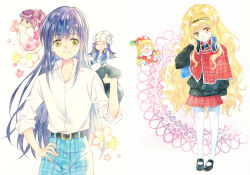  2boys 3girls 5girls ^_^ agahari androgynous beanie belt belt_buckle black_belt black_shoes black_sweater blonde_hair blue_hair blue_pants blue_vest brown_eyes buckle capelet cherry_blossoms chibi closed_eyes closed_mouth collared_shirt commentary_request dress_shirt floral_print floral_print_kimono flower fujisaki_nagihiko grin guardian_chara hair_flower hair_ornament hand_on_own_hip hand_up hat head_tilt headphones headphones_around_neck highres holding holding_jacket holding_unworn_clothes jacket japanese_clothes jester jester_cap kimono kusu_kusu_(shugo_chara!) light_smile long_hair long_sleeves looking_at_another mary_janes mashiro_rima multiple_boys multiple_girls neck_ruff open_clothes open_vest pants pantyhose pink_flower pink_kimono plaid_capelet plaid_clothes plaid_pants plaid_skirt pleated_skirt pointy_shoes polka_dot_headwear pom_pom_(clothes) ponytail print_kimono purple_hair red_capelet red_hat red_skirt rhythm_(shugo_chara!) school_uniform seiyo_academy_school_uniform shirt shoes shugo_chara! sideways_glance skirt sleeves_rolled_up smile standing sweater temari_(shugo_chara!) unworn_jacket very_long_hair vest violet_eyes wavy_hair white_hat white_pantyhose white_shirt white_shoes wide_sleeves yellow_eyes 