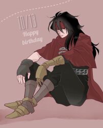  1boy black_gloves black_hair black_pants boots brown_boots clawed_gauntlets cloak closed_mouth crossed_ankles dated final_fantasy final_fantasy_vii fingerless_gloves gloves hair_between_eyes happy_birthday headband highres ika_okura_66 long_hair looking_at_viewer male_focus pants pointy_boots red_cloak red_eyes red_headband simple_background single_glove sitting solo vincent_valentine 