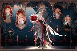  1boy ^^^ absurdres blonde_hair bouquet cape character_name crown english_text flower formal_clothes full_body hair_between_eyes highres holding holding_bouquet jewelry liulianjingrua long_sleeves looking_at_viewer looking_back male_focus original pants picture_frame red_flower ribbon shirt short_hair solo standing 