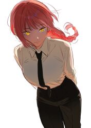  1girl black_necktie black_pants braid chainsaw_man closed_mouth collared_shirt dosukoi_1 highres long_hair long_sleeves makima_(chainsaw_man) necktie pants red_hair ringed_eyes shirt simple_background solo white_background white_shirt yellow_eyes 