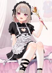  1girl absurdres ankle_lace-up ankle_ribbon ankle_socks apron back_bow belt black_dress black_headdress black_ribbon blunt_bangs blush bob_cut bow chest_harness cleavage_cutout clothing_cutout collared_dress colored_inner_hair corset cross-laced_clothes cross-laced_corset curtains cushion dress fangs feet_out_of_frame fishnet_socks fishnets flat_chest frilled_shirt_collar frills grey_hair hand_up harness heart_cutout heart_wand highres holding holding_wand leg_ribbon leg_tattoo looking_at_viewer loose_belt maid maid_headdress makaino_ririmu makaino_ririmu_(5th_costume) medium_hair mizna_te multicolored_hair multiple_belts nijisanji no_jacket o-ring o-ring_belt o-ring_harness on_bed open_mouth pink_hair pink_streaks pointy_ears poster_(object) puffy_short_sleeves puffy_sleeves red_eyes ribbon short_dress short_sleeves sitting smile socks solo streaked_hair tattoo thigh_strap two-tone_hair virtual_youtuber waist_apron wand white_apron white_belt white_corset winged_heart winged_heart_tattoo winged_wand 