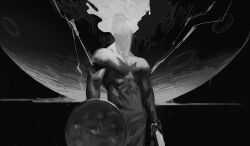  1boy absurdres commentary cowboy_shot daslvathomas electricity greyscale hair_up highres holding holding_shield holding_sword holding_weapon male_focus monkey_d._luffy monochrome one_piece scar scar_on_chest shield solo sun_god_nika_(one_piece) sword topless_male weapon 