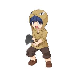  1boy blue_eyes blue_hair brown_headscarf brown_shirt brown_shoes brown_shorts chibi chibi_only collared_shirt full_body headscarf hoe holding_hoe loafers long_sleeves looking_at_viewer male_focus official_art open_mouth ragnarok_online shirt shoes short_hair shorts simple_background solo transparent_background yorker_worker yuichirou 