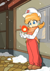  1girl blue_eyes brown_shoes earrings fire flower_earrings gloves hat highres jewelry junnosu orange_scarf overalls princess_daisy pyrokinesis red_overalls scarf shoes snow snowing super_mario_bros. white_gloves white_hat 
