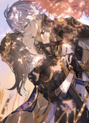  1boy 1girl antenna_hair armor black_choker black_gloves black_jacket black_shirt blue_eyes blurry choker closed_eyes coat commentary couple dappled_sunlight day depth_of_field fingerless_gloves from_side gloves gold_trim grey_hair grin hair_between_eyes hand_up head_wreath hetero high_collar highres holding_hands honkai:_star_rail honkai_(series) hood hooded_jacket imminent_kiss interlocked_fingers jacket light_blush long_hair looking_at_another outdoors parted_lips phainon_(honkai:_star_rail) shirt short_hair shoulder_armor smile stelle_(honkai:_star_rail) sunlight symbol-only_commentary three-quarter_sleeves trailblazer_(honkai:_star_rail) tree wf12ta wheat white_coat white_hair 