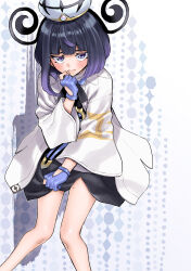  1girl alternate_legwear black_dress black_hair blue_gloves blush bob_cut coat commentary_request dress gloves gradient_hair gwynn_(pokemon) hat highres long_sleeves looking_at_viewer multicolored_hair open_clothes open_coat partially_fingerless_gloves pokemon pokemon_legends:_z-a purple_hair short_hair solo sweatdrop takanashi_ringo violet_eyes white_coat wide_sleeves 
