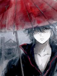  1boy black_shirt closed_mouth collarbone gintama grey_hair hair_over_one_eye highres holding holding_umbrella looking_to_the_side lushu_kuye male_focus oil-paper_umbrella outdoors popped_collar rain red_eyes red_umbrella sakata_gintoki shirt short_hair solo umbrella upper_body 