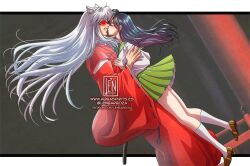  1boy 1girl animal_ears artist_name bead_necklace beads black_hair brown_shoes closed_eyes dog_ears english_commentary from_side glowing glowing_eyes green_skirt grey_hair higurashi_kagome inuyasha inuyasha:_kagami_no_naka_no_mugenjou inuyasha_(character) japanese_clothes jewelry kimono kiss lennys long_hair long_sleeves necklace pleated_skirt red_eyes red_kimono scene_reference school_uniform sheath shirt shoes skirt socks twitter_username white_shirt white_socks wide_sleeves 