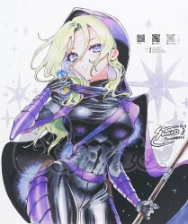  1girl animification batman_(series) black_bodysuit black_cape black_gloves blonde_hair blue_eyes bodysuit cape commentary covered_abs cowboy_shot dc_comics gloves hashtag-only_commentary highres holding holding_juice_box holding_staff hood hood_up hooded_bodysuit juice_box long_hair looking_at_viewer multicolored_bodysuit purple_bodysuit purple_cape qr_code sample_watermark solo sparkle spoiler_(dc) staff stephanie_brown sunao_saito superhero_costume sweatdrop symbol-only_commentary toned toned_female two-sided_cape two-sided_fabric two-tone_bodysuit watermark white_background 