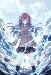  1girl academy_city alternate_hair_length alternate_hairstyle artist_name black_socks brown_coat brown_eyes brown_hair building city coat debris destruction duffel_coat electricity electrokinesis eritri gekota gekota_(character) hair_ornament hairpin highres kneehighs long_hair long_sleeves looking_at_viewer miniskirt misaka_mikoto outdoors plaid_clothes plaid_skirt rubble school_uniform skirt socks solo toaru_majutsu_no_index toaru_majutsu_no_index:_new_testament tokiwadai_school_uniform winter_uniform 