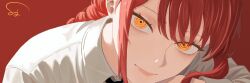  1girl braid chainsaw_man closed_mouth collared_shirt commentary_request highres long_hair looking_at_viewer makima_(chainsaw_man) red_background red_hair ringed_eyes shirt sidelocks solo sumikadoji white_shirt yellow_eyes 