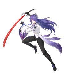  1girl absurdres acheron_(honkai:_star_rail) adapted_costume armor belt black_belt black_boots black_gloves black_pants black_shirt boots breasts chain chain_around_arm closed_mouth coat coattails commentary earrings elbow_gloves fighting_stance full_body gloves hair_ornament hair_over_one_eye high_heel_boots high_heels highres holding holding_sword holding_weapon honkai:_star_rail honkai_(series) jewelry katana long_hair looking_at_viewer multicolored_hair non-web_source pants purple_hair revision shirt shoulder_armor single_elbow_glove single_wide_sleeve small_breasts solo streaked_hair sword transparent_background uta_guipiy violet_eyes weapon white_coat 