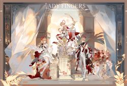  1girl 2boys absurdres angel_wings blonde_hair bow_(weapon) cape capelet curtains day dress english_text feathered_wings flower formal_clothes frilled_sleeves frills full_body hair_between_eyes hair_flower hair_ornament halo high_heels highres holding holding_bow_(weapon) holding_weapon liulianjingrua long_hair long_sleeves multiple_boys original pants pillar pink_flower red_flower shirt short_hair shorts sleeveless star_(symbol) stone_pillar weapon white_dress white_pants white_wings wide_sleeves wings 