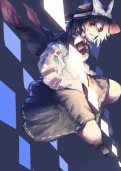  1girl absurdres black_hair black_hat black_skirt black_socks bow bowtie collar evil_grin evil_smile floating grin hat hat_bow highres long_sleeves muraryo no_shoes red_bow red_bowtie red_eyes shirt short_hair skirt sleeve_cuffs smile socks solo touhou usami_renko white_bow white_collar white_shirt 