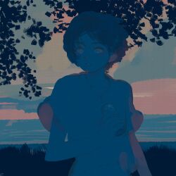  1girl :o aegyo_sal bangqiao_yan black_hair bob_cut can drink_can floating_hair grass highres holding holding_can horizon limited_palette looking_at_viewer midriff mountainous_horizon muted_color original outdoors parted_lips short_hair solo sunset tree upper_body wind 