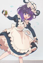  1girl alternate_costume apron black_dress black_hair blue_gloves blunt_bangs blush bob_cut dress gloves gwynn_(pokemon) hat holding holding_poke_ball long_sleeves maid maid_apron maid_headdress mizuiro123 multicolored_hair nest_ball open_mouth partially_fingerless_gloves poke_ball pokemon pokemon_legends:_z-a purple_hair short_hair solo violet_eyes white_apron white_headdress 