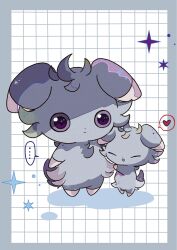  ... closed_eyes closed_mouth colored_sclera espurr grey_fur heart highres mendako_(tyatyaumai29) no_humans parted_lips pokemon pokemon_(creature) pokemon_focus purple_sclera simple_background size_difference smile speech_bubble spoken_ellipsis spoken_heart star_(symbol) violet_eyes 