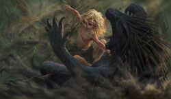  1boy alex_cristi bleeding blonde_hair blood branch calibanite_lion child claws clenched_hand dark_angels fighting forest forked_tongue green_eyes highres holding incoming_attack incoming_punch leaf lion lion_el&#039;jonson lion_tail long_hair mane mounting nature primarch punching raised_fist roaring scratches sharp_teeth spiky_hair tail teeth tongue warhammer_40k 