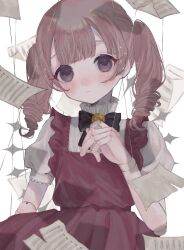  1girl black_bow black_bowtie blunt_bangs blush bow bowtie brooch brown_hair closed_mouth curusucururi doll_joints double-parted_bangs dress drill_hair expressionless frilled_dress frills grey_eyes hand_up hashtag-only_commentary high_collar highres jewelry joints looking_at_viewer medium_hair original pinafore_dress puffy_short_sleeves puffy_sleeves puppet_strings red_dress sheet_music shirt short_sleeves simple_background sleeveless sleeveless_dress solo twin_drills twintails upper_body white_background white_shirt 
