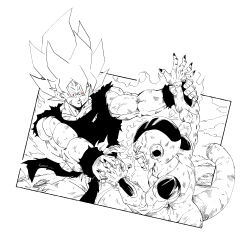  2boys absurdres aura battle battle_damage clenched_hand cowboy_shot dragon_ball dragon_ball_z fenyon final_form_frieza frieza highres male_focus monochrome multiple_boys muscular muscular_male red_eyes shirt son_goku spot_color super_saiyan super_saiyan_1 torn_clothes torn_shirt white_background 