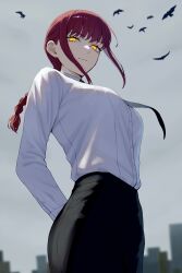  1girl arms_behind_back bird black_necktie black_pants braid braided_ponytail breasts chainsaw_man closed_mouth crow daiasouken_(dri) highres large_breasts long_sleeves makima_(chainsaw_man) necktie outdoors overcast pants red_hair shirt shirt_tucked_in sidelocks sky solo white_shirt yellow_eyes 